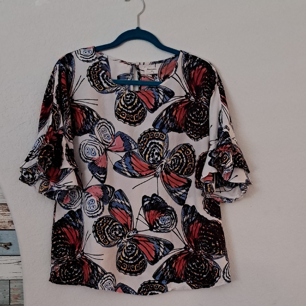 Cost Plus World Market Butterfly Print Ruffle Sleeve Blouse S/M